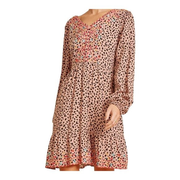 EUC - Savanna Jane Pink Leopard Print Mini Long Sleeve Swing Dress Size 1X - Picture 1 of 12